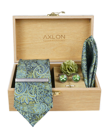 Axlon Tie Set for Men - Forest Green, Paisley | Necktie Gift Box with Cufflinks, Pocket Square & Lapel Pin