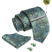 Axlon Tie Set for Men - Forest Green, Paisley | Necktie Gift Box with Cufflinks, Pocket Square & Lapel Pin
