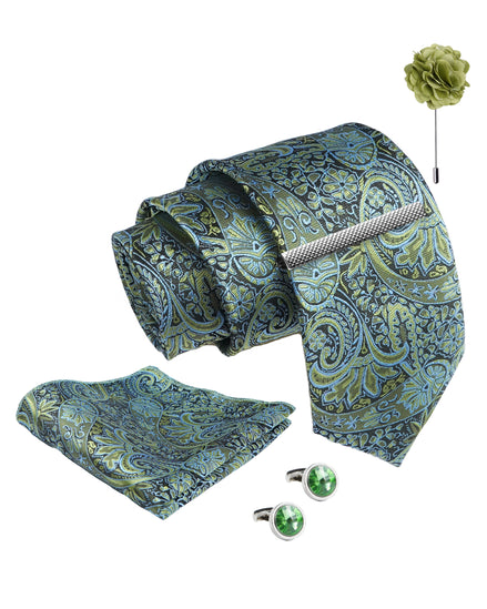 Axlon Tie Set for Men - Forest Green, Paisley | Necktie Gift Box with Cufflinks, Pocket Square & Lapel Pin