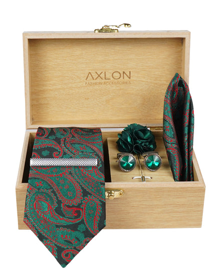 Axlon Tie Set for Men - Forest Green, Paisley | Necktie Gift Box with Cufflinks, Pocket Square & Lapel Pin
