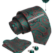 Axlon Tie Set for Men - Forest Green, Paisley | Necktie Gift Box with Cufflinks, Pocket Square & Lapel Pin