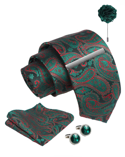 Axlon Tie Set for Men - Forest Green, Paisley | Necktie Gift Box with Cufflinks, Pocket Square & Lapel Pin