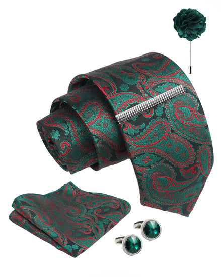 Axlon Tie Set for Men - Forest Green, Paisley | Necktie Gift Box with Cufflinks, Pocket Square & Lapel Pin