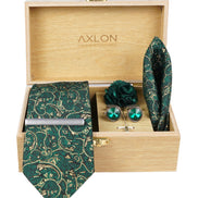 Axlon Tie Set for Men - Forest Green, paisley | Necktie Gift Box with Cufflinks, Pocket Square & Lapel Pin