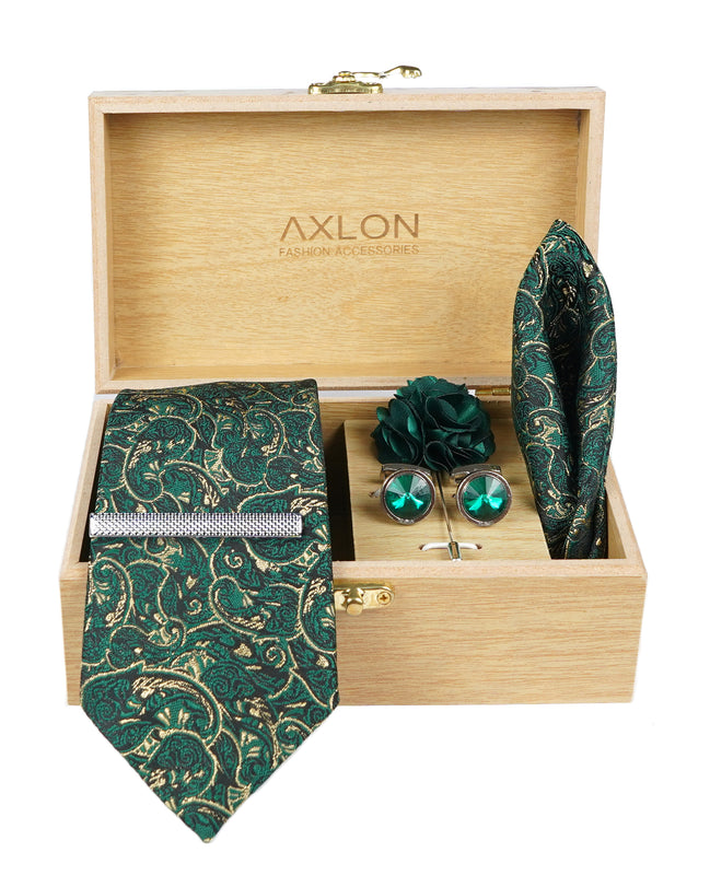 Axlon Tie Set for Men - Forest Green, paisley | Necktie Gift Box with Cufflinks, Pocket Square & Lapel Pin
