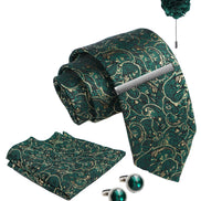 Axlon Tie Set for Men - Forest Green, paisley | Necktie Gift Box with Cufflinks, Pocket Square & Lapel Pin