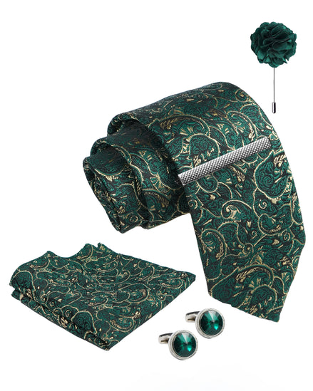 Axlon Tie Set for Men - Forest Green, paisley | Necktie Gift Box with Cufflinks, Pocket Square & Lapel Pin