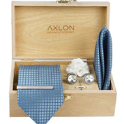 Axlon Tie Set for Men - Dusty Blue, dotted | Necktie Gift Box with Cufflinks, Pocket Square & Lapel Pin