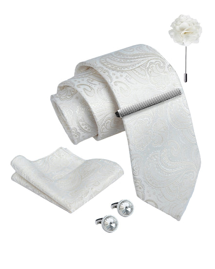 Axlon Tie Set for Men - Pure White, Paisley | Necktie Gift Box with Cufflinks, Pocket Square & Lapel Pin
