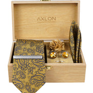 Axlon Tie Set for Men -  Rich Gold, paisley | Necktie Gift Box with Cufflinks, Pocket Square & Lapel Pin