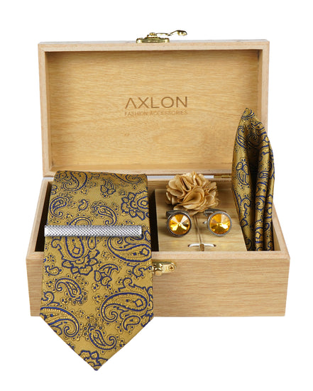 Axlon Tie Set for Men -  Rich Gold, paisley | Necktie Gift Box with Cufflinks, Pocket Square & Lapel Pin