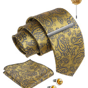 Axlon Tie Set for Men -  Rich Gold, paisley | Necktie Gift Box with Cufflinks, Pocket Square & Lapel Pin