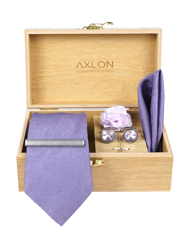 Axlon Tie Set for Men - Royal Purple, paisley | Necktie Gift Box with Cufflinks, Pocket Square & Lapel Pin