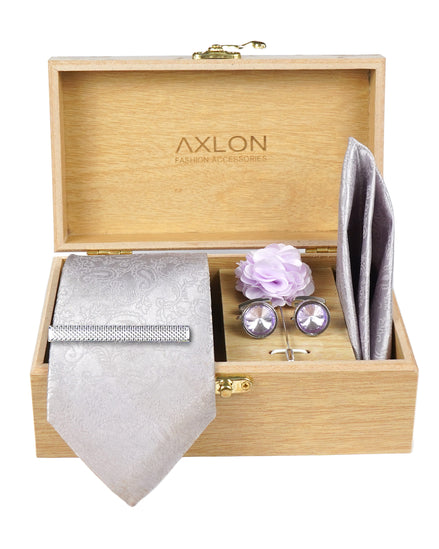 Axlon Tie Set for Men - Baby Pink, Paisley | Necktie Gift Box with Cufflinks, Pocket Square & Lapel Pin