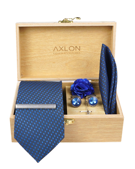 Axlon Tie Set for Men - Elegant Blue, dotted | Necktie Gift Box with Cufflinks, Pocket Square & Lapel Pin