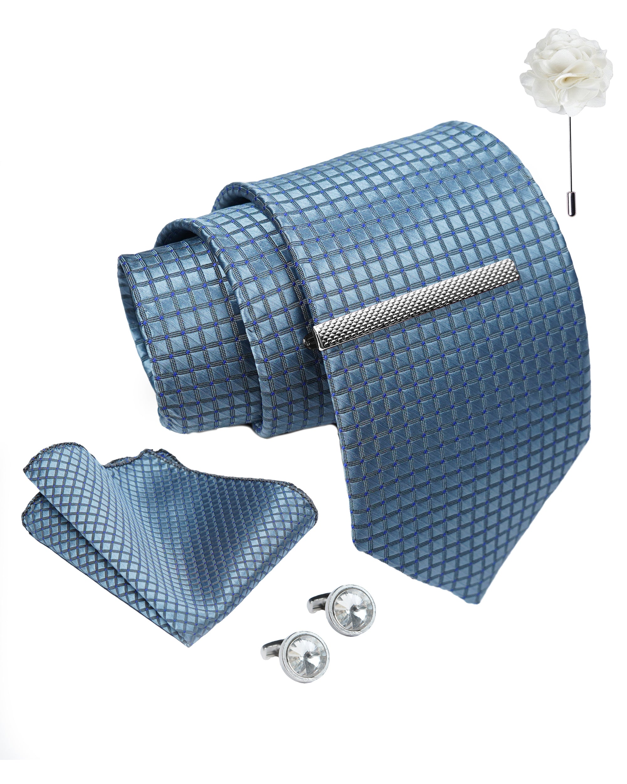 Axlon Tie Set for Men - Dusty Blue, dotted | Necktie Gift Box with Cufflinks, Pocket Square & Lapel Pin