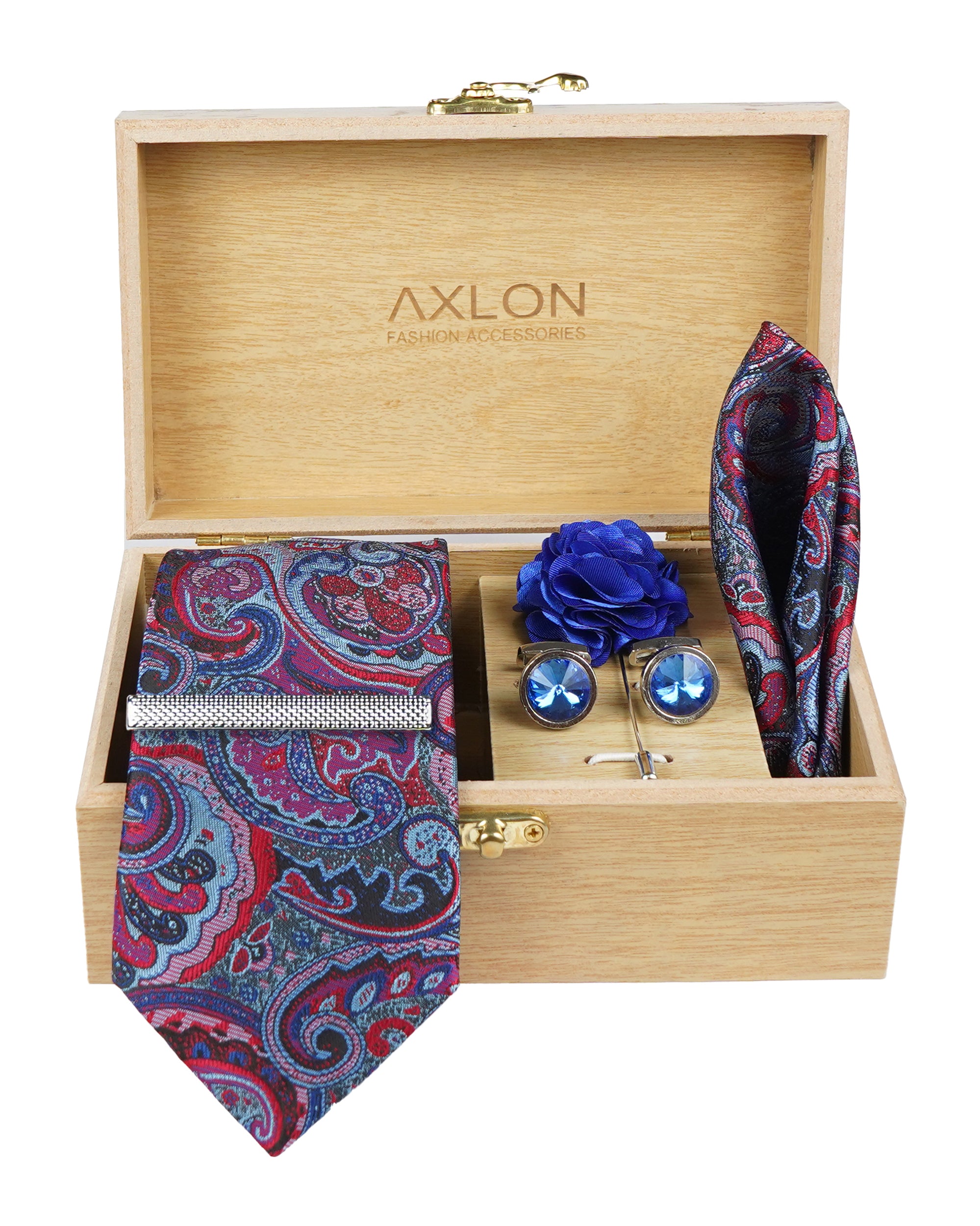 Axlon Tie Set for Men - Elegant Blue, paisley | Necktie Gift Box with Cufflinks, Pocket Square & Lapel Pin