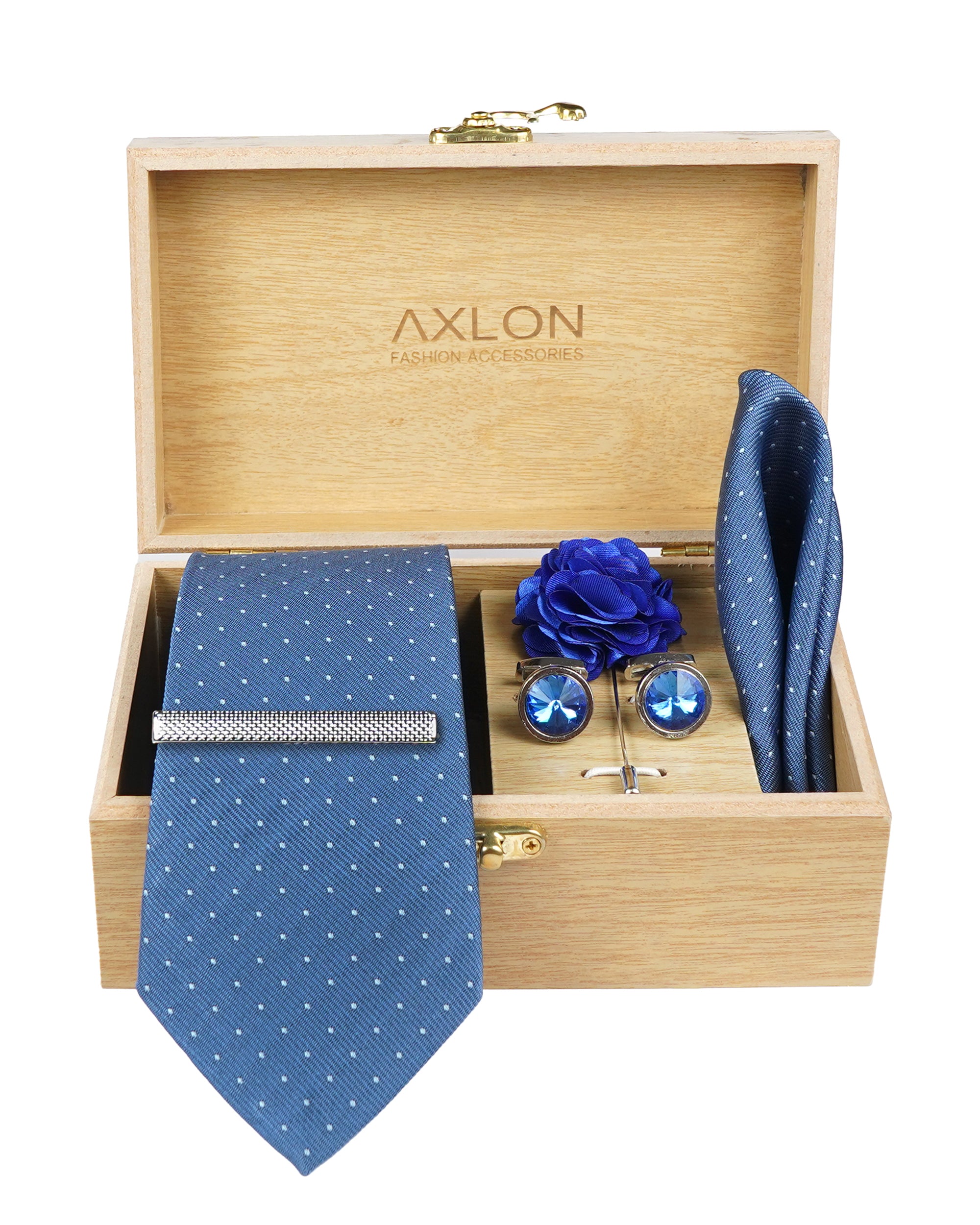 Axlon Tie Set for Men - Elegant Blue, dotted  | Necktie Gift Box with Cufflinks, Pocket Square & Lapel Pin