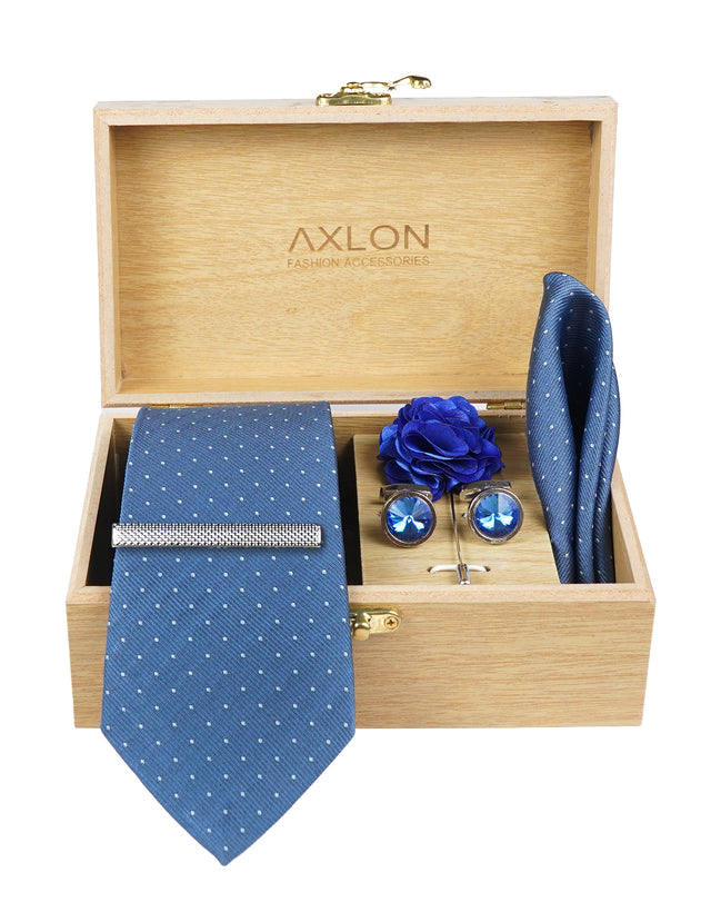 Axlon Tie Set for Men - Elegant Blue, dotted  | Necktie Gift Box with Cufflinks, Pocket Square & Lapel Pin
