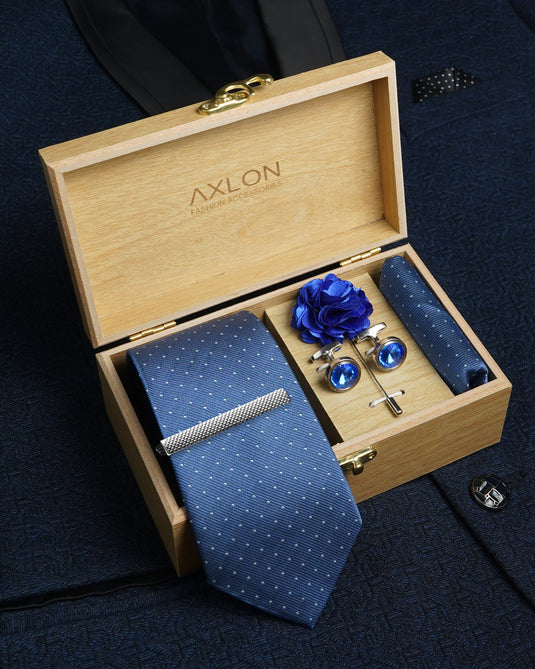 Axlon Tie Set for Men - Elegant Blue, dotted  | Necktie Gift Box with Cufflinks, Pocket Square & Lapel Pin