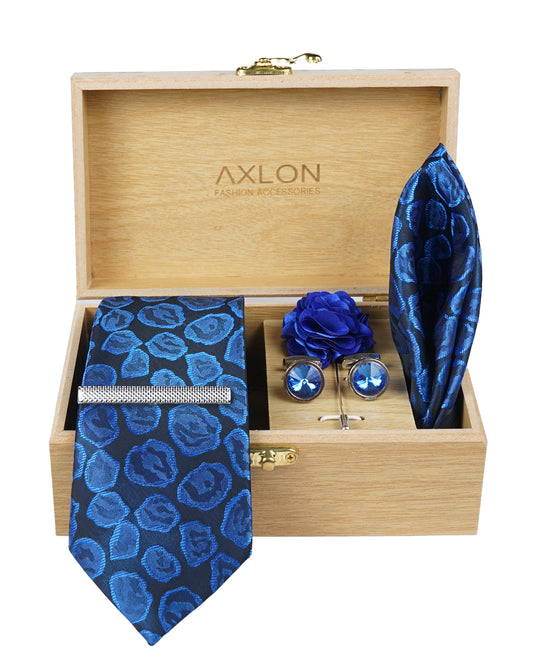 Axlon Tie Set for Men - Elegant Blue, geometric | Necktie Gift Box with Cufflinks, Pocket Square & Lapel Pin