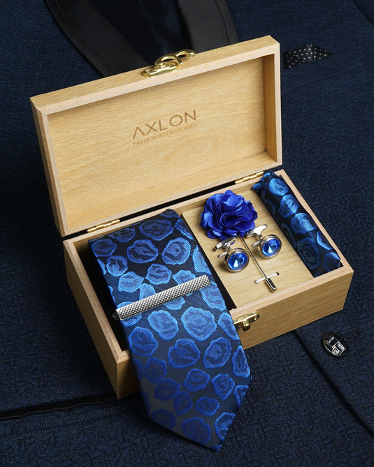 Axlon Tie Set for Men - Elegant Blue, geometric | Necktie Gift Box with Cufflinks, Pocket Square & Lapel Pin