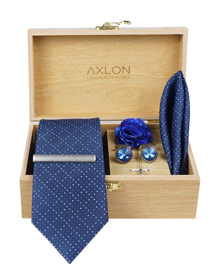 Axlon Tie Set for Men -Elegant Blue, dotted | Necktie Gift Box with Cufflinks, Pocket Square & Lapel Pin
