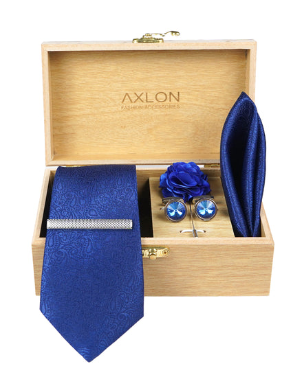 Axlon Tie Set for Men - Elegant Blue, Paisley | Necktie Gift Box with Cufflinks, Pocket Square & Lapel Pin