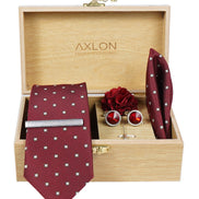 Axlon Tie Set for Men - Luxe Maroon, dotted | Necktie Gift Box with Cufflinks, Pocket Square & Lapel Pin