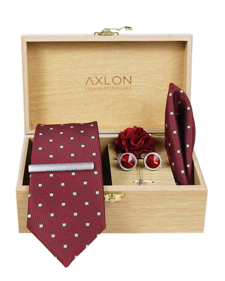 Axlon Tie Set for Men - Luxe Maroon, dotted | Necktie Gift Box with Cufflinks, Pocket Square & Lapel Pin