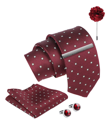 Axlon Tie Set for Men - Luxe Maroon, dotted | Necktie Gift Box with Cufflinks, Pocket Square & Lapel Pin