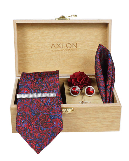 Axlon Tie Set for Men - Luxe Maroon, paisley | Necktie Gift Box with Cufflinks, Pocket Square & Lapel Pin