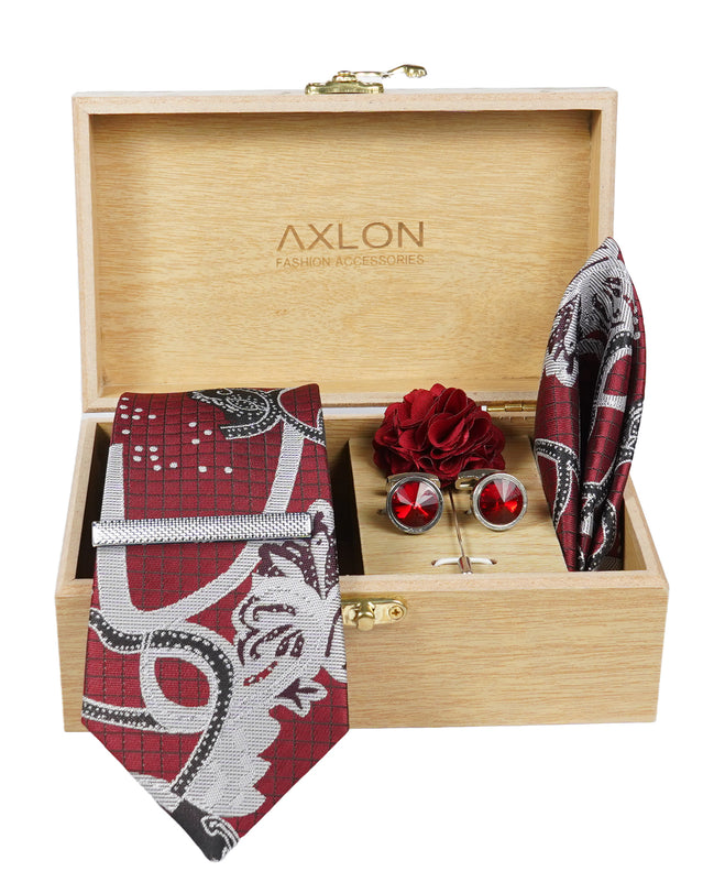 Axlon Tie Set for Men - Luxe Maroon, paisley | Necktie Gift Box with Cufflinks, Pocket Square & Lapel Pin