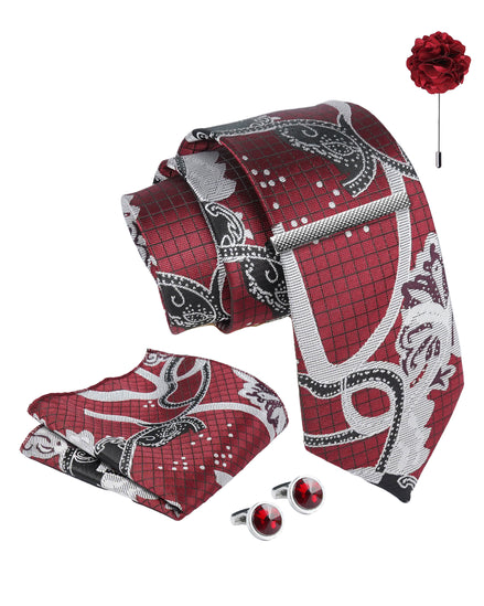 Axlon Tie Set for Men - Luxe Maroon, paisley | Necktie Gift Box with Cufflinks, Pocket Square & Lapel Pin
