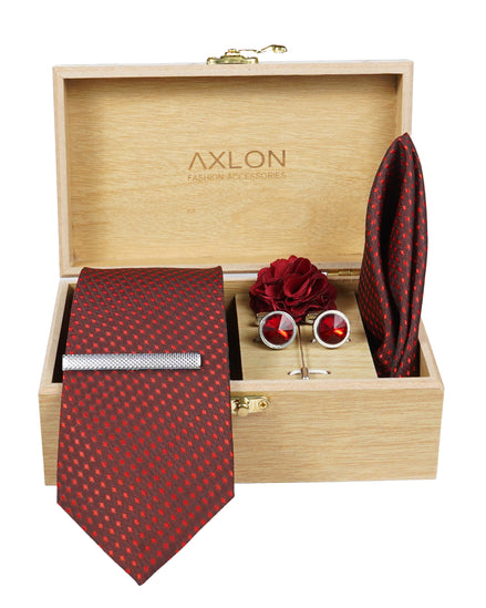 Axlon Tie Set for Men - Luxe Maroon, dotted | Necktie Gift Box with Cufflinks, Pocket Square & Lapel Pin