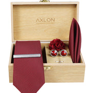 Axlon Tie Set for Men - Luxe Maroon, Dotted | Necktie Gift Box with Cufflinks, Pocket Square & Lapel Pin