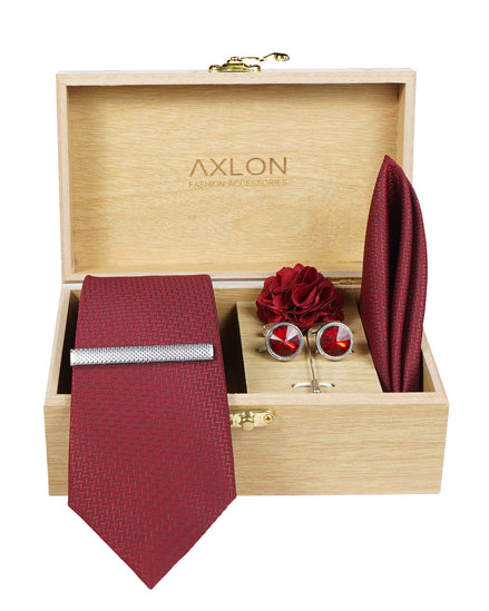Axlon Tie Set for Men - Luxe Maroon, Dotted | Necktie Gift Box with Cufflinks, Pocket Square & Lapel Pin