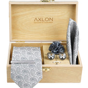 Axlon Tie Set for Men - Metallic Silver, paisley | Necktie Gift Box with Cufflinks, Pocket Square & Lapel Pin