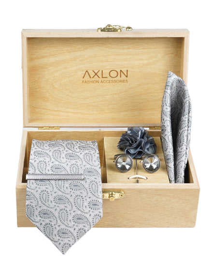 Axlon Tie Set for Men - Metallic Silver, paisley | Necktie Gift Box with Cufflinks, Pocket Square & Lapel Pin