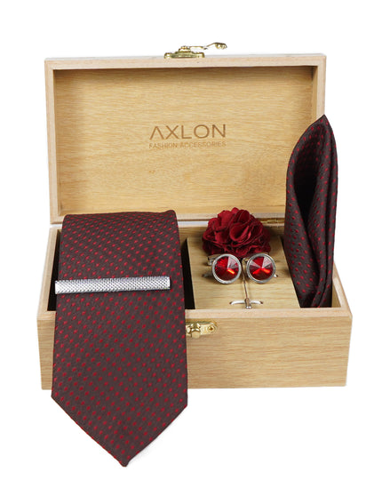 Axlon Tie Set for Men -  Luxe Maroon, Dotted | Necktie Gift Box with Cufflinks, Pocket Square & Lapel Pin