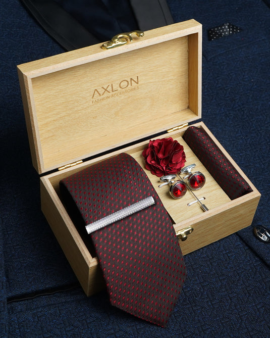 Axlon Tie Set for Men -  Luxe Maroon, Dotted | Necktie Gift Box with Cufflinks, Pocket Square & Lapel Pin