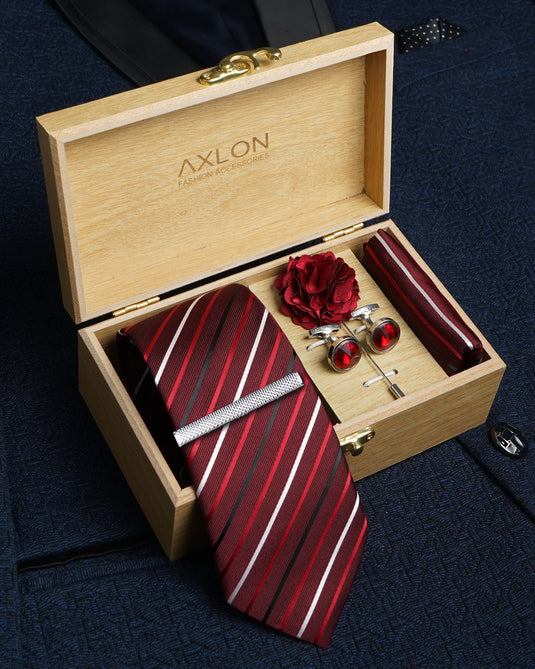 Axlon Tie Set for Men -  Luxe Maroon, striped | Necktie Gift Box with Cufflinks, Pocket Square & Lapel Pin