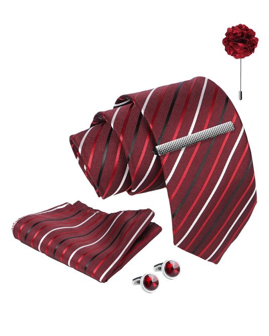 Axlon Tie Set for Men -  Luxe Maroon, striped | Necktie Gift Box with Cufflinks, Pocket Square & Lapel Pin