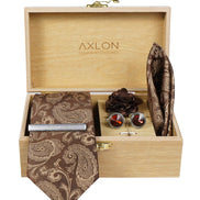 Axlon Tie Set for Men - Chocolate Brown, paisley | Necktie Gift Box with Cufflinks, Pocket Square & Lapel Pin