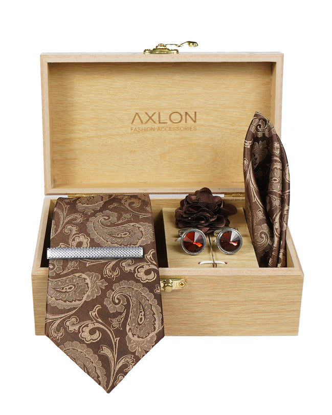 Axlon Tie Set for Men - Chocolate Brown, paisley | Necktie Gift Box with Cufflinks, Pocket Square & Lapel Pin