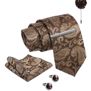 Axlon Tie Set for Men - Chocolate Brown, paisley | Necktie Gift Box with Cufflinks, Pocket Square & Lapel Pin