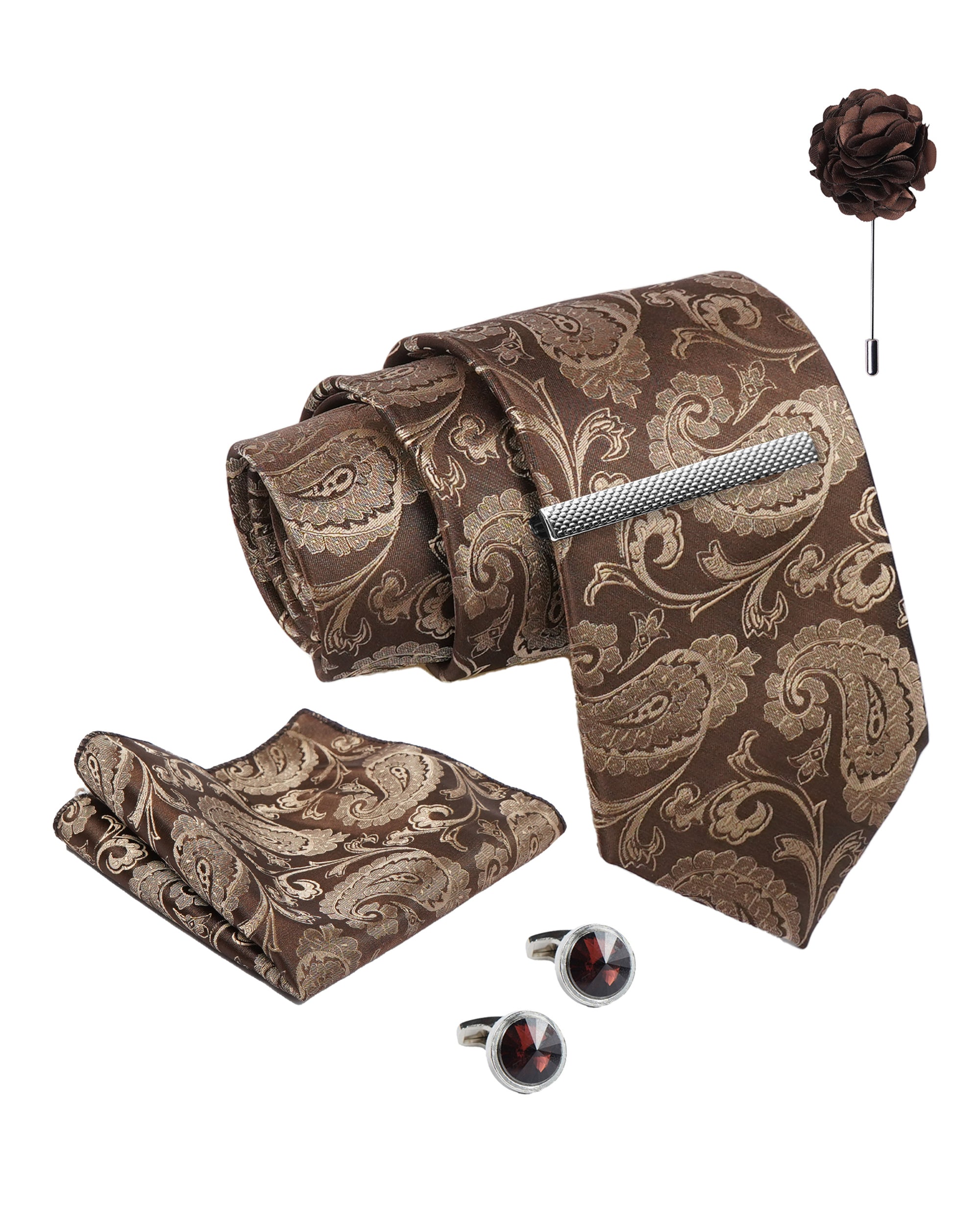 Axlon Tie Set for Men - Chocolate Brown, paisley | Necktie Gift Box with Cufflinks, Pocket Square & Lapel Pin