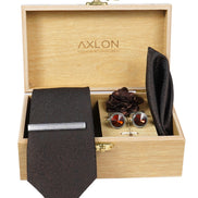 Axlon Tie Set for Men - Chocolate Brown, paisley | Necktie Gift Box with Cufflinks, Pocket Square & Lapel Pin