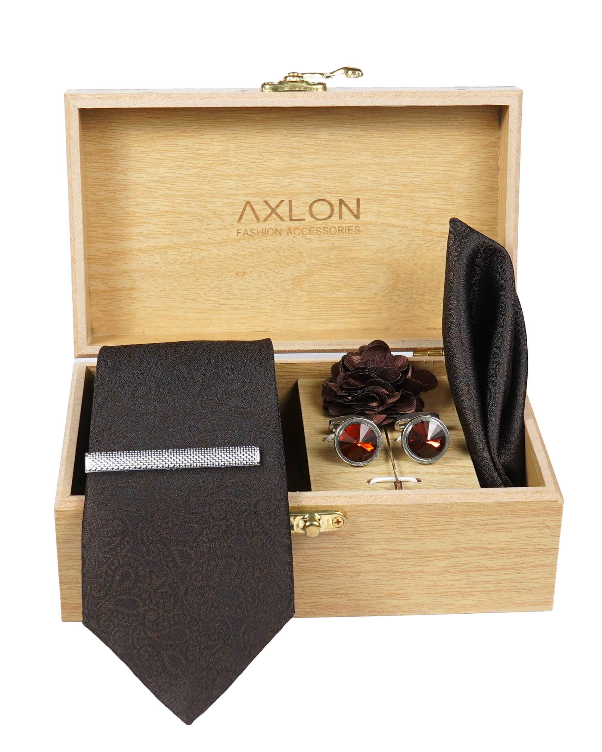 Axlon Tie Set for Men - Chocolate Brown, paisley | Necktie Gift Box with Cufflinks, Pocket Square & Lapel Pin