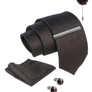 Axlon Tie Set for Men - Chocolate Brown, paisley | Necktie Gift Box with Cufflinks, Pocket Square & Lapel Pin